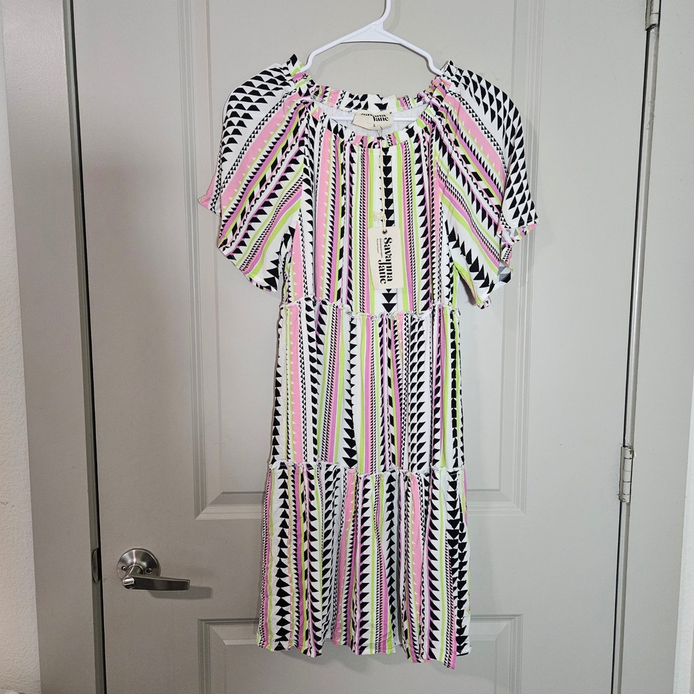 Savanna Jane Women Geometric Tribal Tiered Midi Dress Pink Green Black NEW NWT S